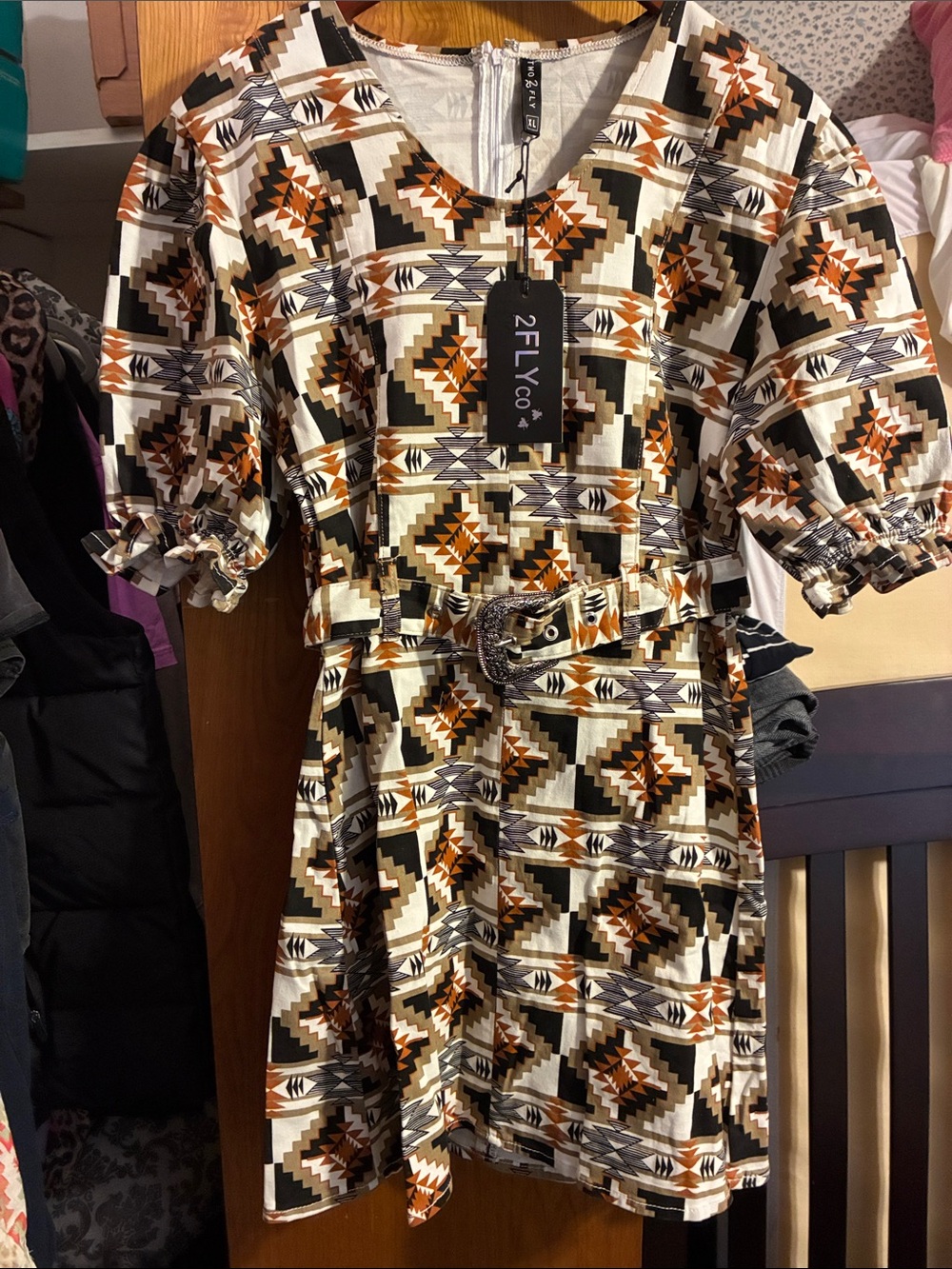 Aztec Print Belted Shift Dress in Cream and Brown